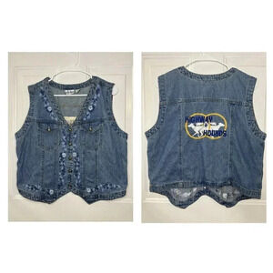 STUDIO WEST DENIM VEST Women's Blue Floral Embroidery Vintage Casual Cowgirl XL